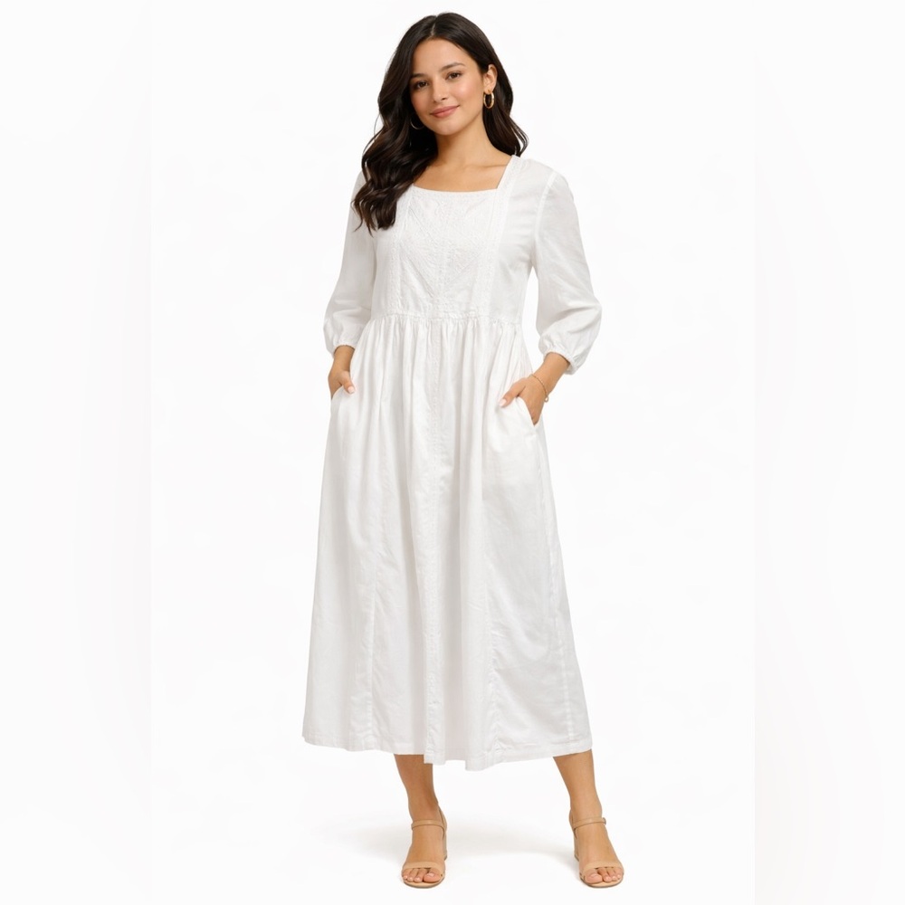 MADE IN INDIA 100% cotton 3/4 sleeves White Square-Neck midi Dress S